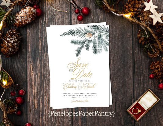 Pine Branch and Elegant Gold Font Save the Date