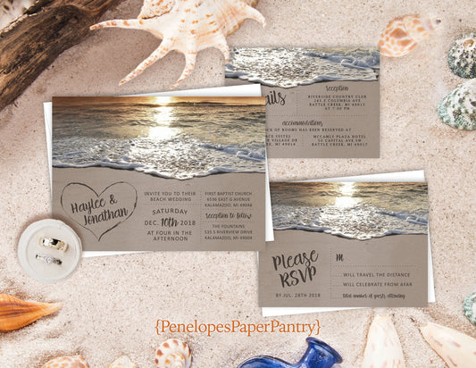 Romantic Sunset Beach Wedding Invitation Personalized Heart In The Sand Initial Tropical Destination Hawaii Printed Invitation With Envelope