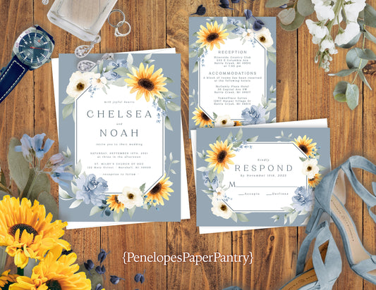 Shabby Chic Dusty Blue Floral Summer Wedding Invitation Personalized Sunflowers Wildflowers Geometric Frame Printed Invitation With Envelope