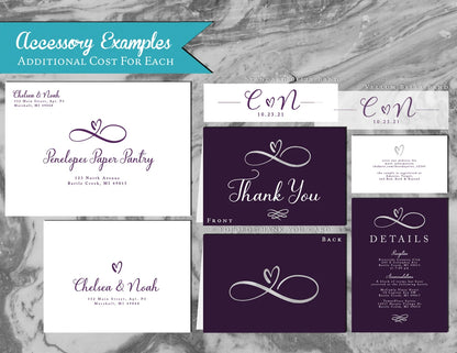a set of wedding stationery with a purple and white theme