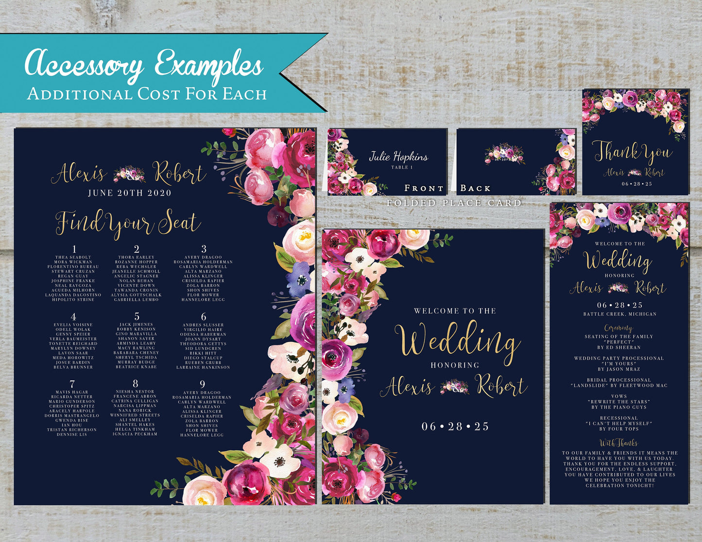Navy and Pink Floral Summer Wedding Invitation,Summer Wedding Invite,Magenta,Cornflower Blue,Gold,Shimmery,Personalize,Printed Invitation