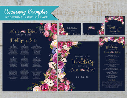Navy and Pink Floral Summer Wedding Invitation,Summer Wedding Invite,Magenta,Cornflower Blue,Gold,Shimmery,Personalize,Printed Invitation