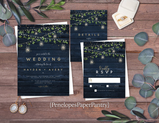 Rustic Summer Wedding Invitation,Summer Wedding Invite,Mason Jar Lights,Greenery,Navy Barn Wood,Personalize,Printed Invitation,Envelope