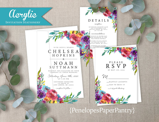 Acrylic Bright Summer Florals Wedding Invitation, Set, or Suite