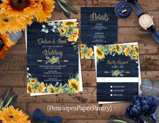 Sunflower and Greenery on Navy Wood Background Fall Wedding Invitation, Set, or Suite