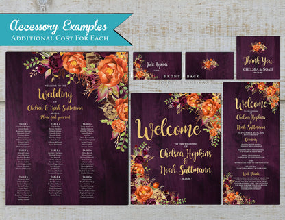 Orange and Plum Florals on Purple Barnwood Fall Wedding Invitation, Set, or Suite