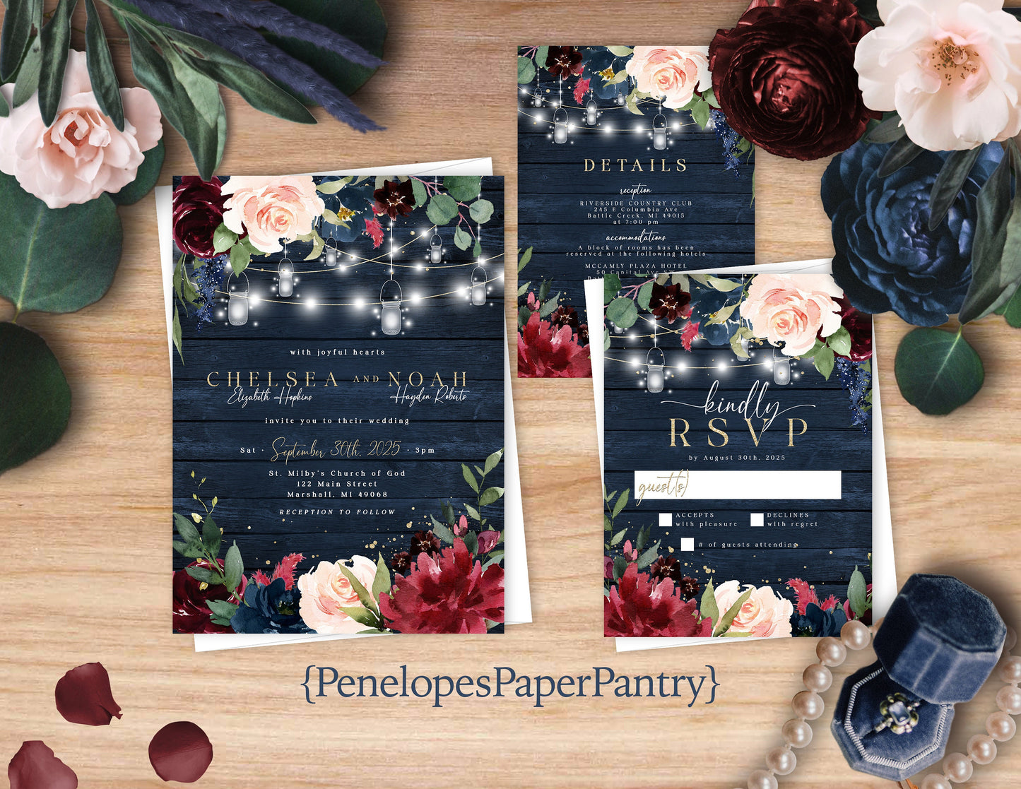 Burgundy, Blush, and Navy Florals on Navy Wood Background Fall Wedding Invitation, Set, or Suite