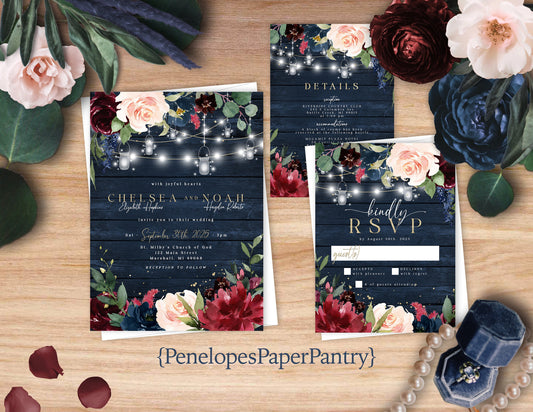 Burgundy, Blush, and Navy Florals on Navy Wood Background Fall Wedding Invitation, Set, or Suite