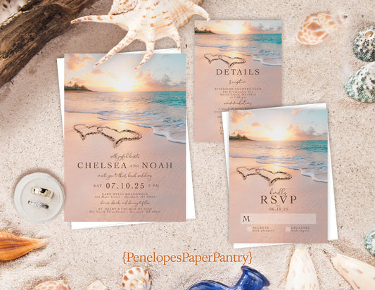 Romantic Beach Wedding Invitation Personalized Sunset Hearts In The Sand Destination Hawaii Shimmery Printed Invitations Envelopes Included