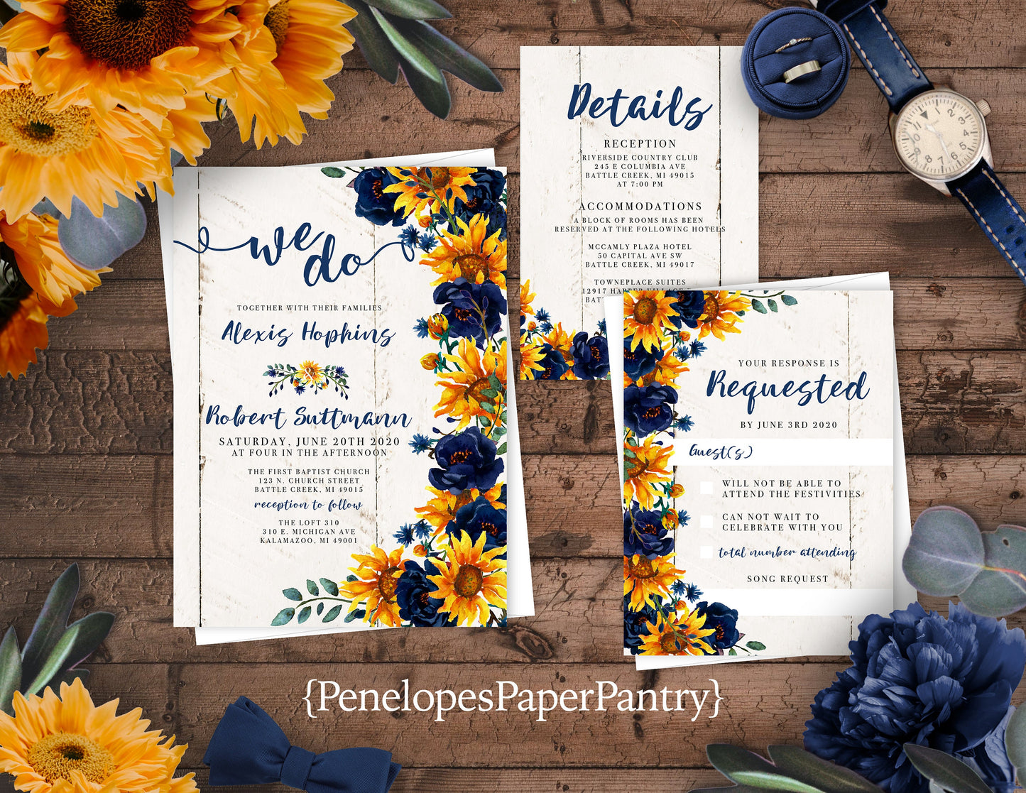 Sunflower and Navy Florals on White Wood Background Fall Wedding Invitation, Set, or Suite