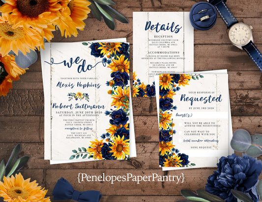 Rustic Sunflower Fall Wedding Invitation – Sunflowers & Navy Blue Roses on Barn Wood – Personalized Printed Invitations with Envelopes