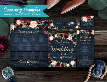 Rustic Navy Floral Fall Wedding Invitation – Barn Wood, Burgundy & Blush Roses, Gold Print – Personalized Shimmery Printed Invitations with Envelopes