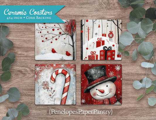 Festive Christmas Coasters Set Of Four Printed Coasters Holiday Home Decor Unique Gift Housewarming Gift Wedding Gift Bridal Shower Gift