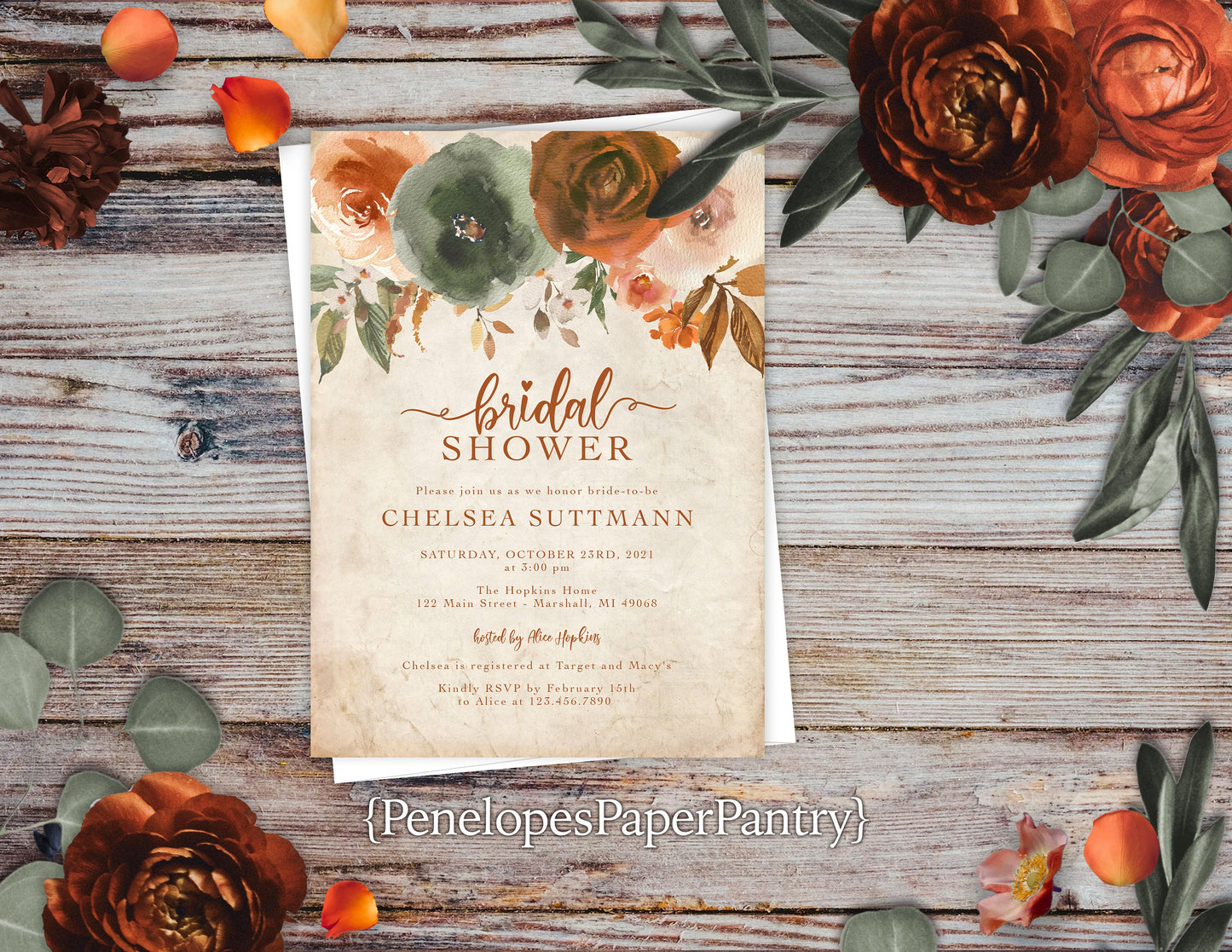 Sage and Burnt Orange florals with Faux Parchment Background Bridal Shower Invitation