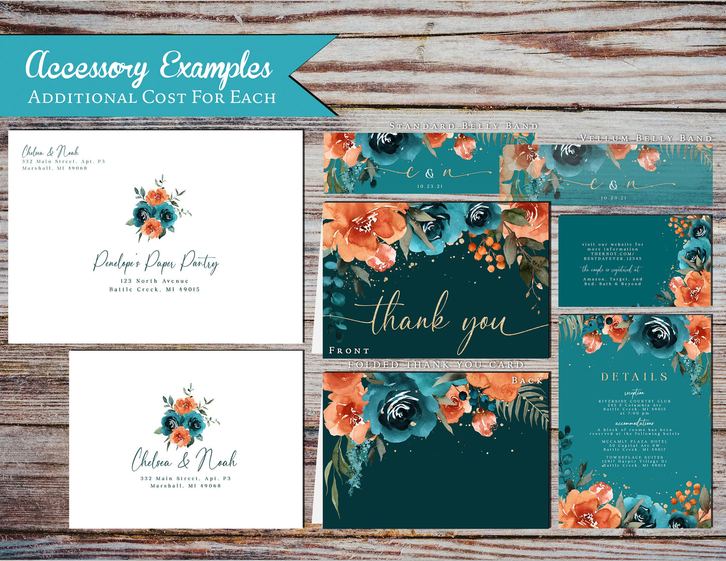 Teal and Burnt Orange Florals on Teal Hues Fall Wedding Invitation, Set, or Suite