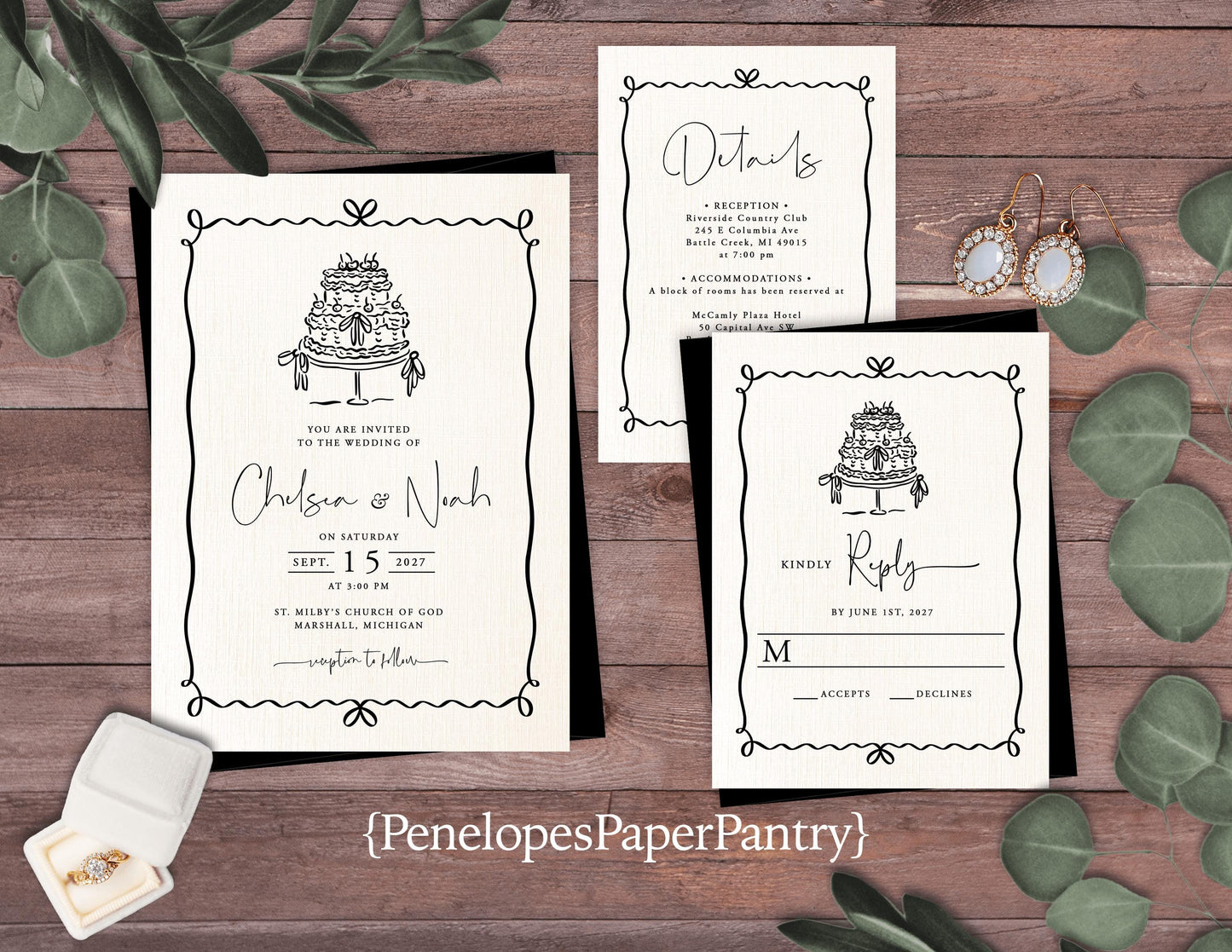 Whimsical Hand Drawn Wedding Invitation Personalized Black Text Ivory Linen Wedding Cake Custom Text Printed Invitations With Envelopes