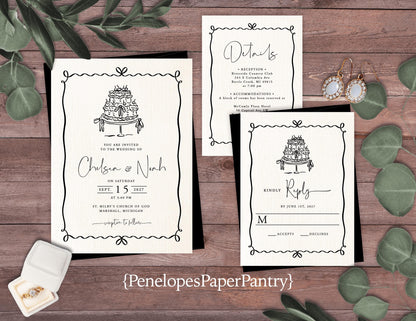 Whimsical Hand Drawn Wedding Invitation Personalized Black Text Ivory Linen Wedding Cake Custom Text Printed Invitations With Envelopes