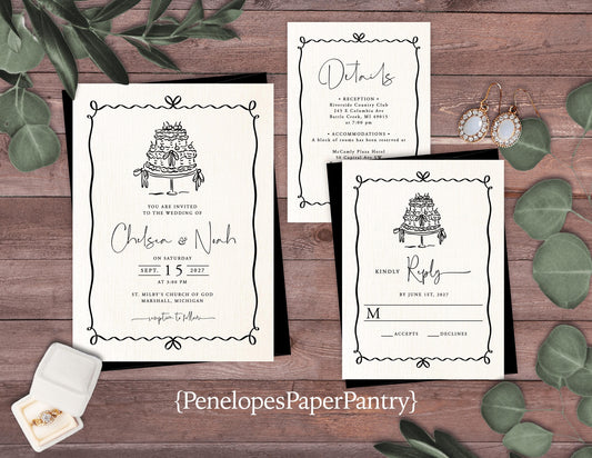 Whimsical Hand Drawn Wedding Invitation Personalized Black Text Ivory Linen Wedding Cake Custom Text Printed Invitations With Envelopes