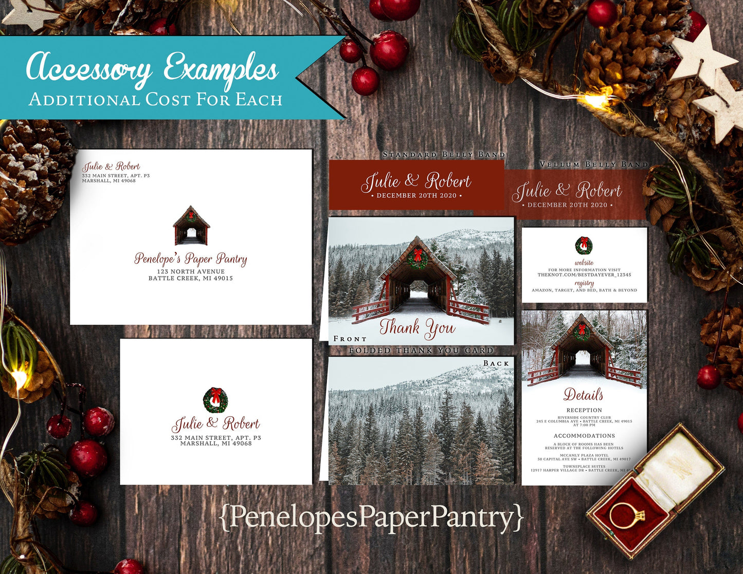 Rustic Covered Bridge Winter Wedding Invitation – Red Barn Wood, Holiday Wreath, Snow, Custom Printed with Envelopes Included