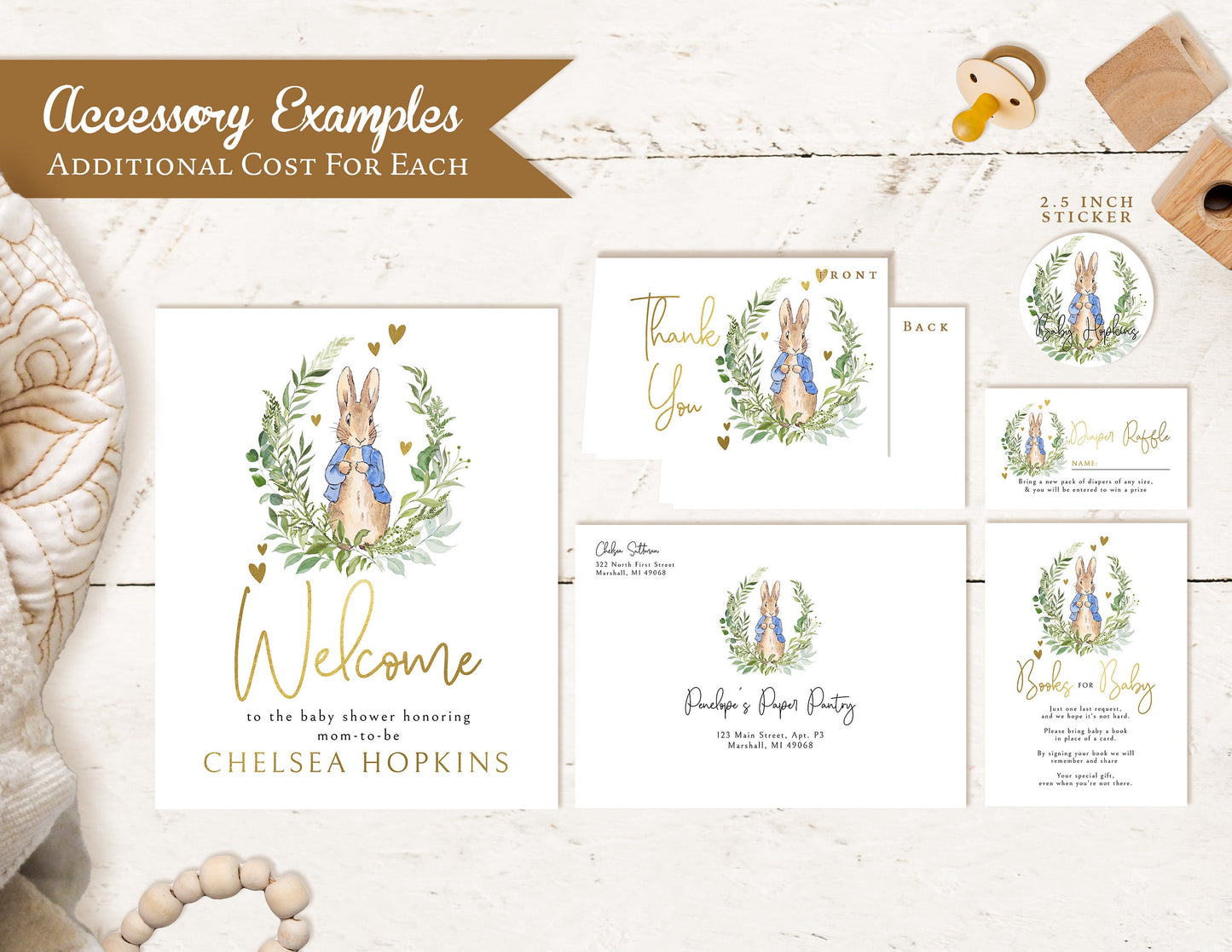 Peter Rabbit Gender Neutral Baby Shower Invitation – Personalized Greenery & Gold Foil Hearts – Elegant Calligraphy Printed Invite with Envelopes by Penelope’s Paper Pantry