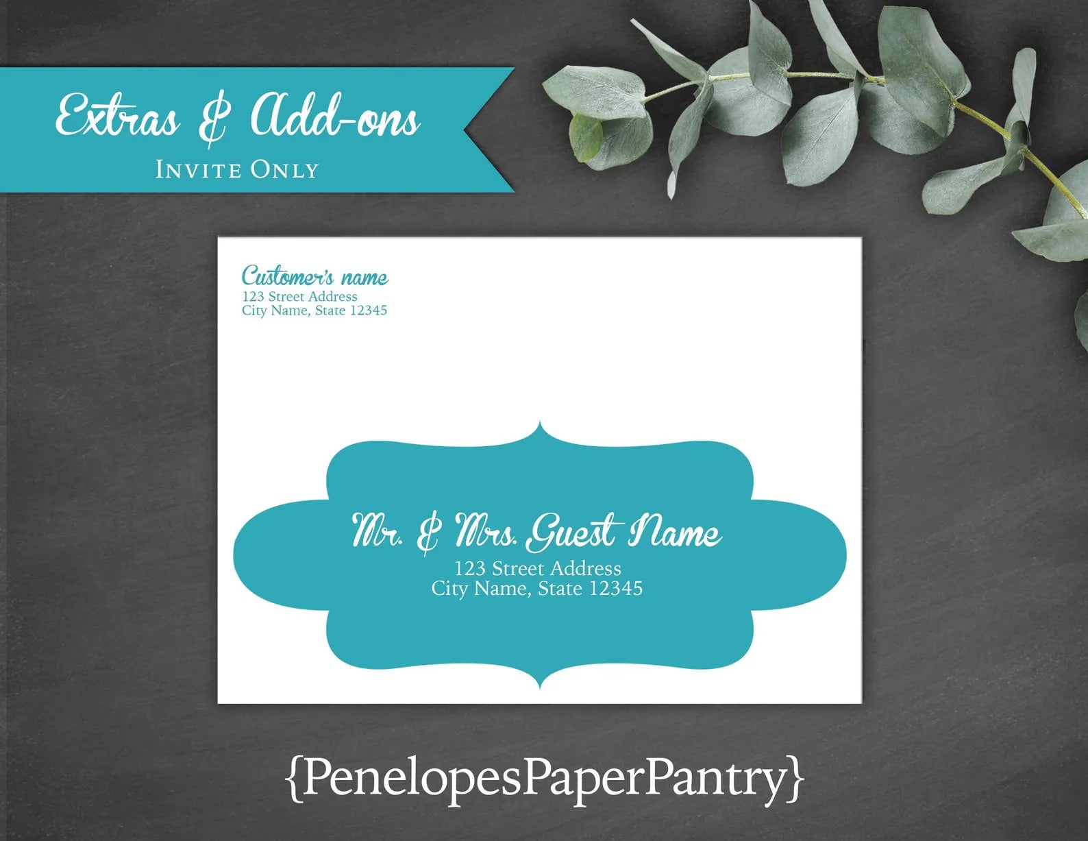 a blue and white business card with eucalyptus leaves