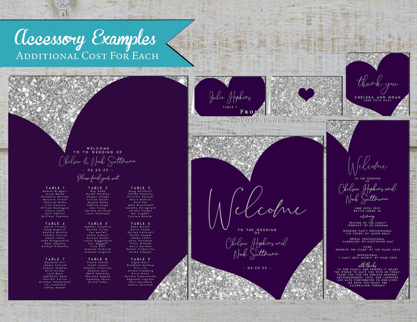 Purple Heart with Faux Silver Glitter Traditional Wedding Invitation, Sets, or Suite