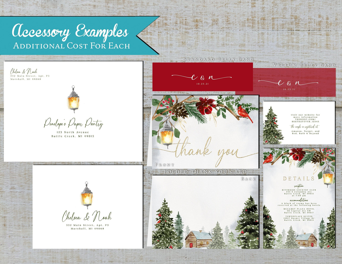 Rustic Winter Wedding Invitation – Evergreen Trees, Log Cabin, Red Cardinal, Shimmery Calligraphy, Custom Printed with Envelopes Included