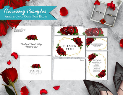 Red Florals with Geometric Frame and White Background Rose Wedding Invitation, Set, or Suite