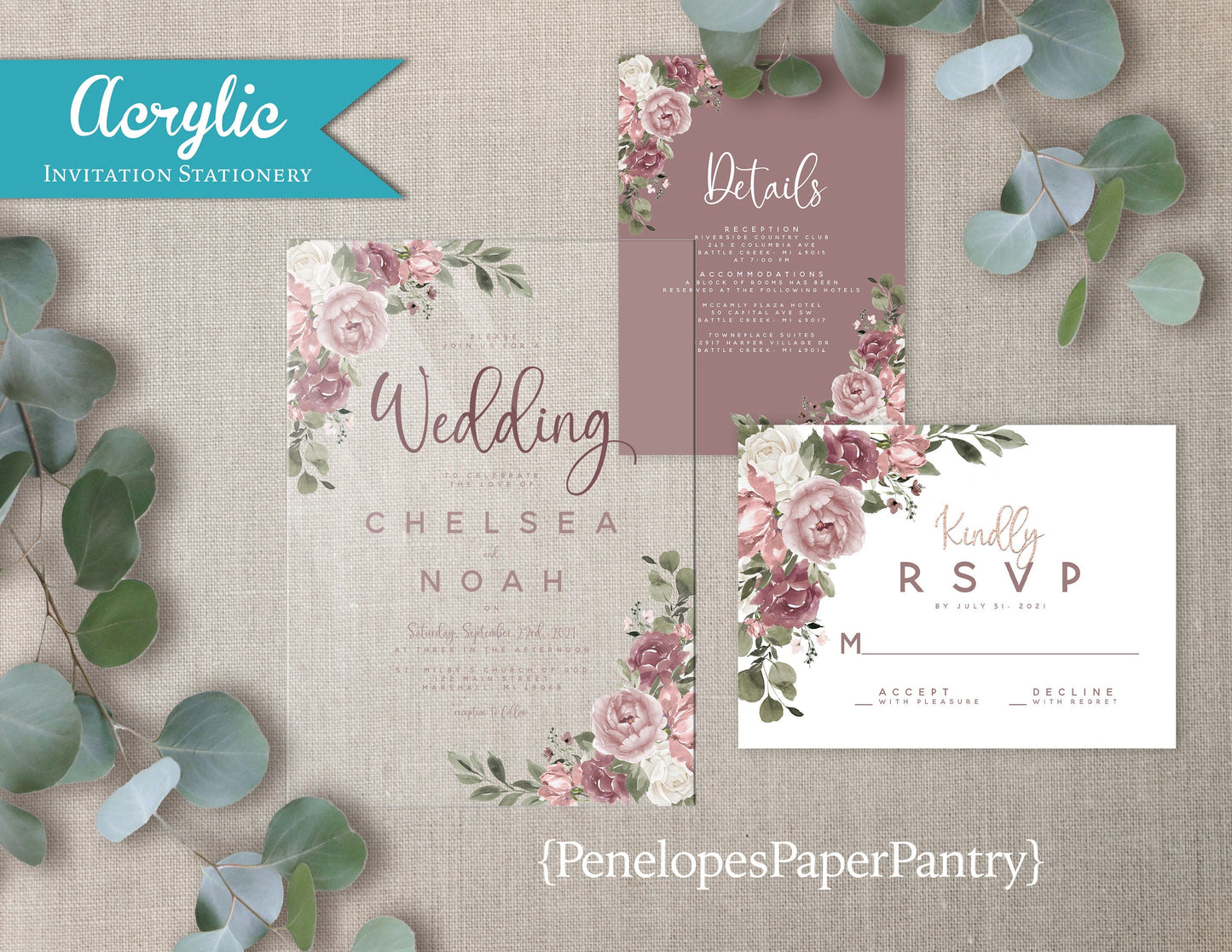 Acrylic Mauve and Blush Florals Wedding Invitation, Set, or Suite