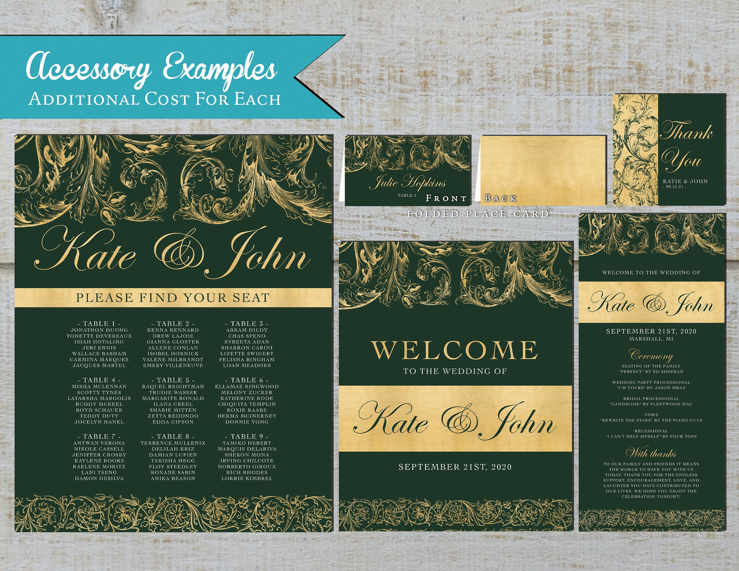 Faux Gold Glitter Lace and Border with Emerald Green Background Traditional Wedding Invitation, Sets, or Suite