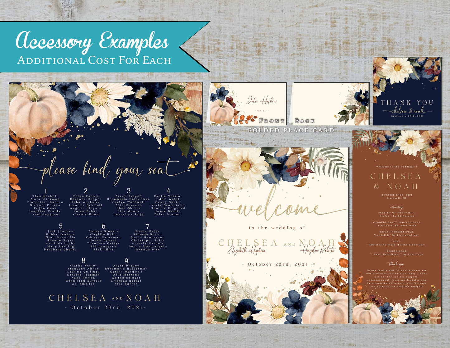 White Pumpkin with Navy and Cream Florals on Blue, Terracotta, and Ivory Hues Fall Wedding Invitation, Set, or Suite