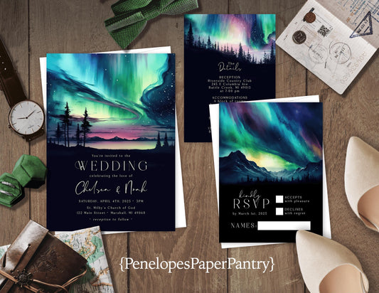 Romantic Northerns Lights Wedding Invitation Personalized Emerald Green Purple Alaska Shimmery Printed Invitations Envelopes Included Unique