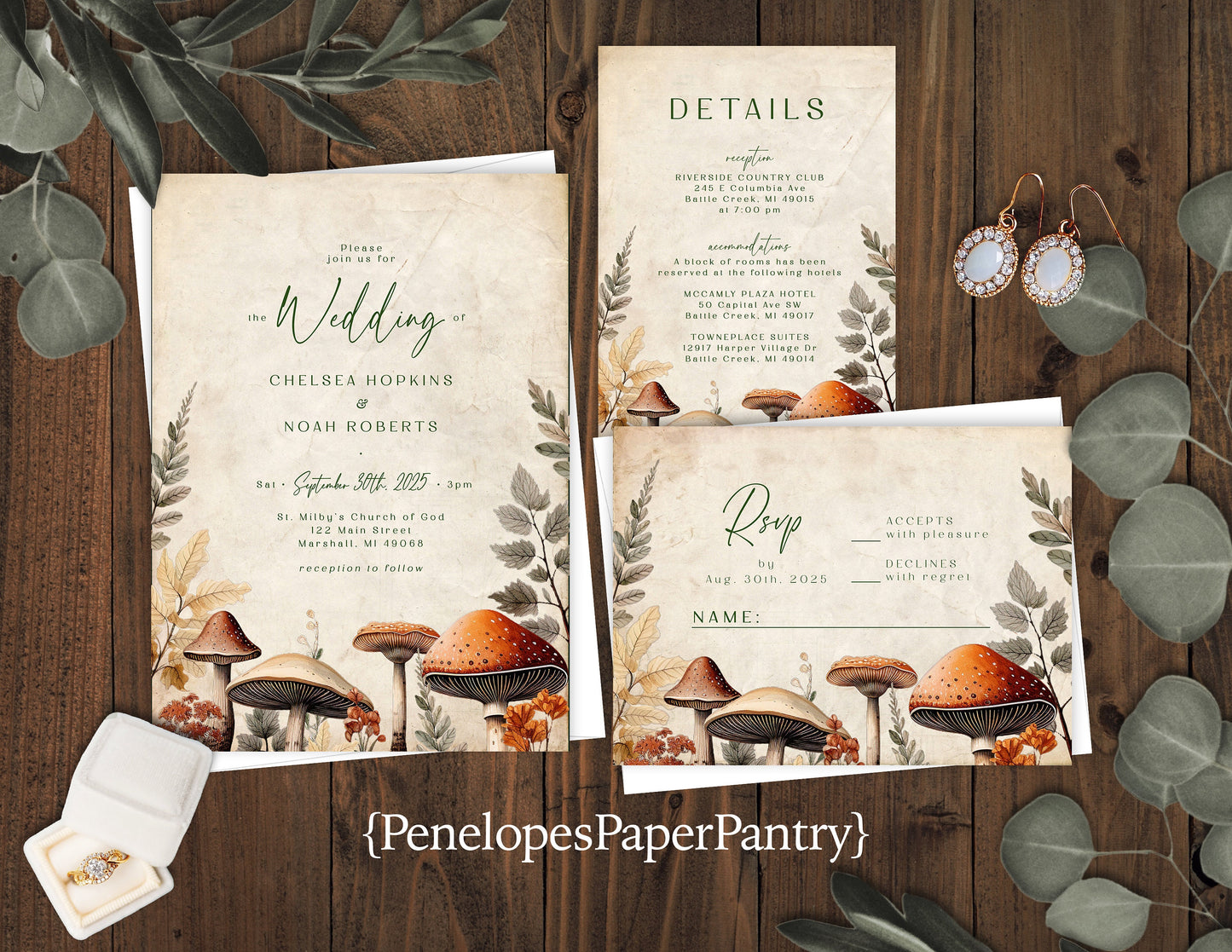 Mushroom Cottage Core on Faux Parchment Background Fall Wedding Invitation, Set, or Suite