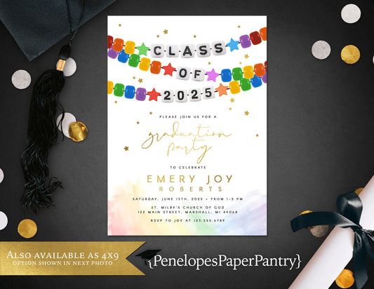 Rainbow Friendship Bracelet with Gold Foil Graduation Open House or Ceremony Invitation