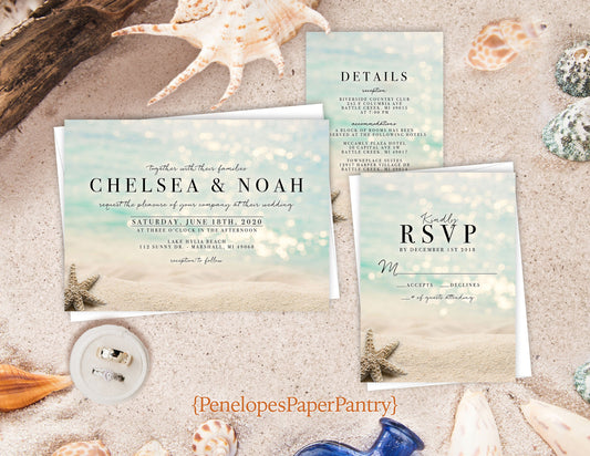Elegant Beach Wedding Invitation Personalized Starfish Sandy Beach Crystal Blue Water Sunshine Shimmery Printed Invitations With Envelopes