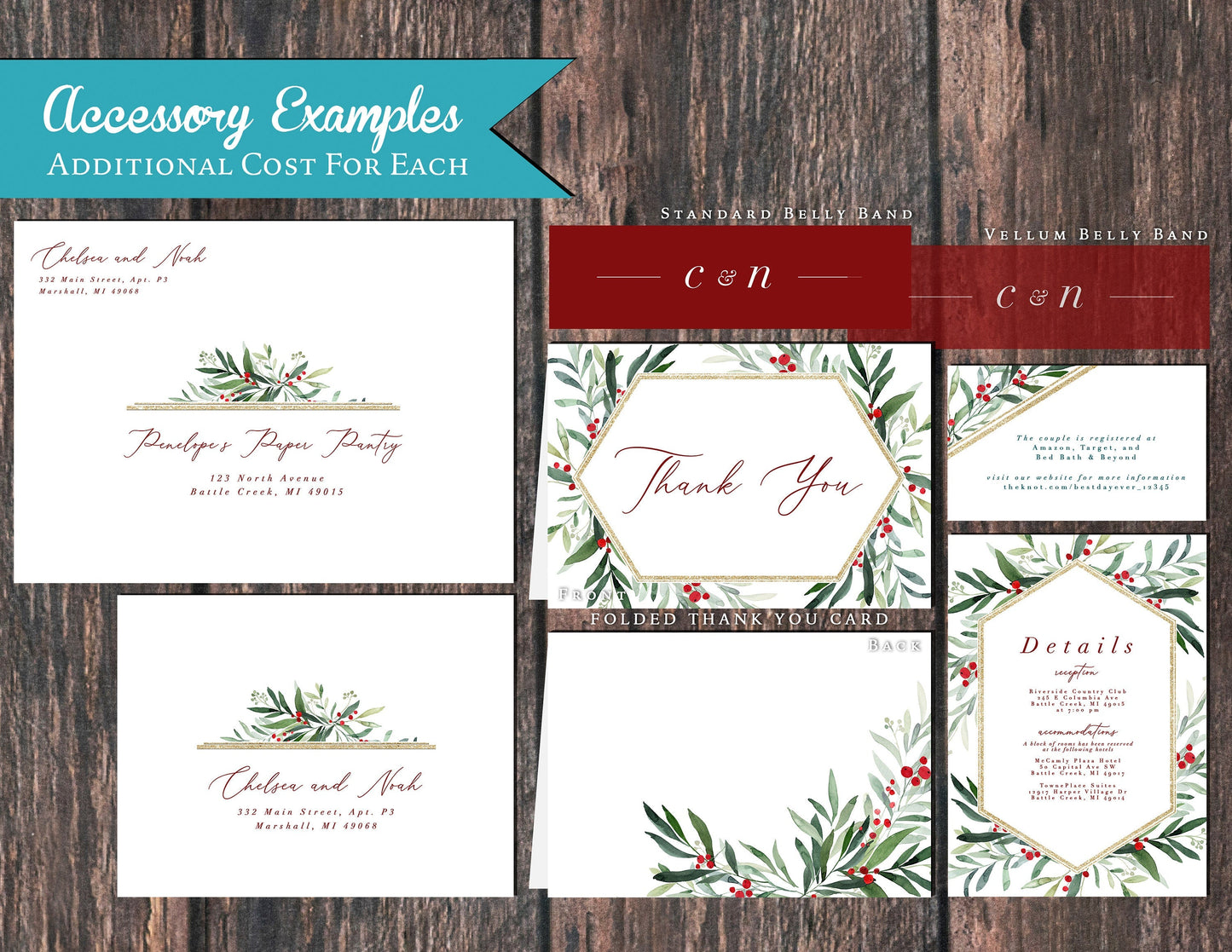 Holly and Mistletoe Floral Border Winter Wedding Invitation, Set, or Suite