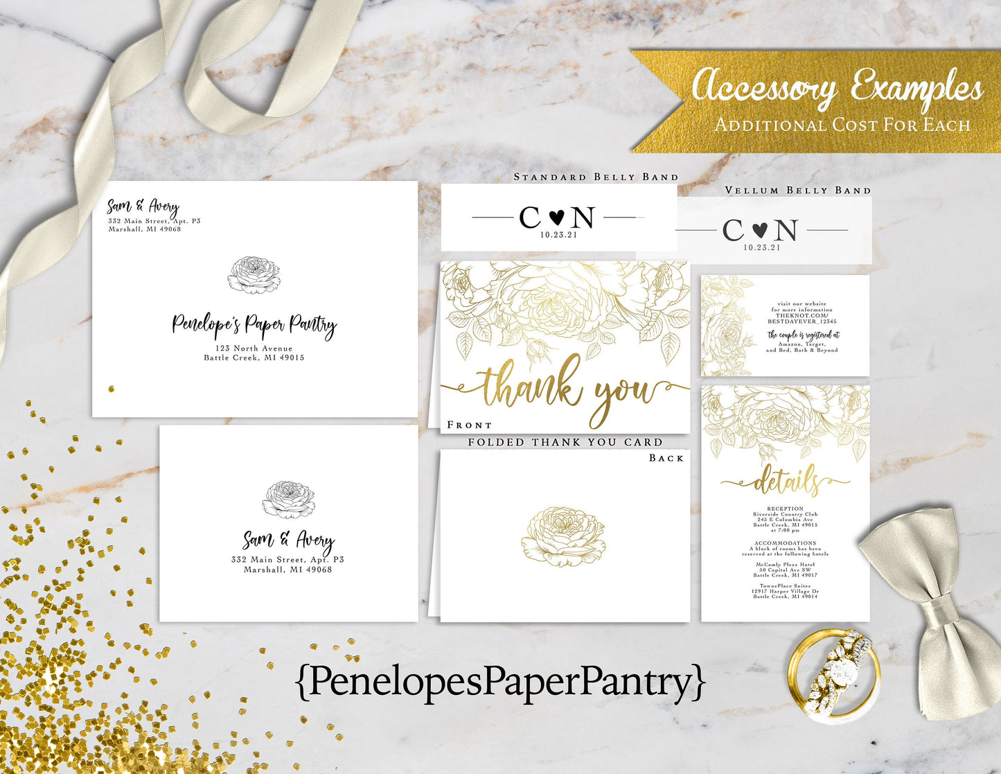 Gold Foil Floral Line Art on White Paper Traditional Wedding Invitation, Sets, or Suite