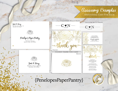 Gold Foil Floral Line Art on White Paper Traditional Wedding Invitation, Sets, or Suite