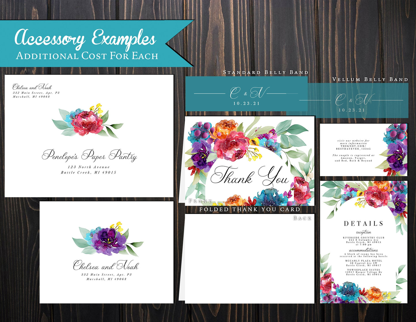 Elegant Bright Floral Summer Wedding Invitation Personalized Vibrant Colors Calligraphy Printed Invitations Envelopes Included Optional RSVP