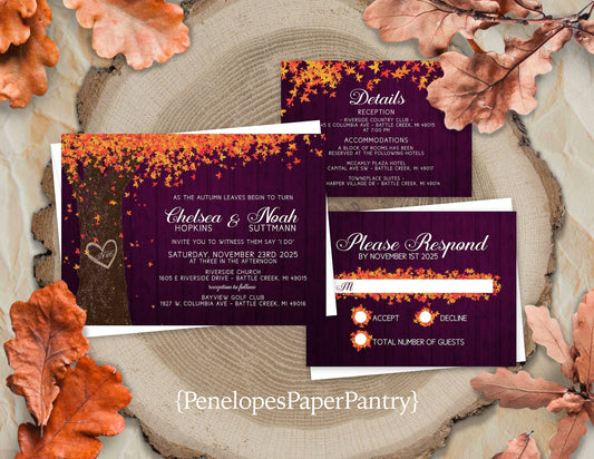 Oak Tree with Orange Leave on Plum Wood Background Fall Wedding Invitation, Set, or Suite