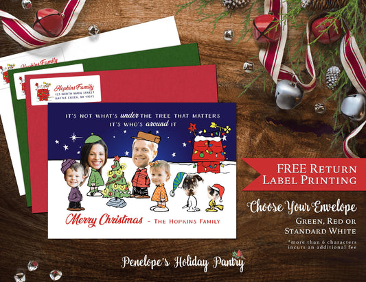 Funny Peanuts Christmas Family Photo Card Personalized Charlie Brown Snoopy Custom Text Printed Cards Envelope Included Return Address Label