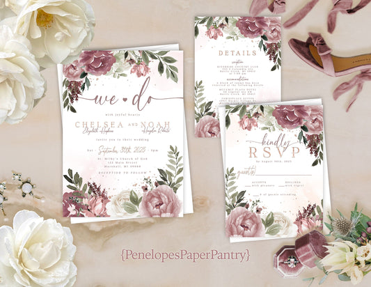 Neutral and Mauve Floral on White Background Summer Wedding Invitation, Set, or Suite