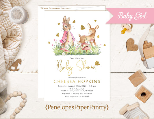 Flopsy Rabbit Baby Girl Shower Invitation Flopsy Bunny Woodland,Butterflies,Gold Foil Hearts,Personalize,Printed,Envelope Included