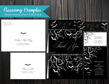 Halloween Black and White Bats and Haunted Forest Fall Wedding Invitation, Set, or Suite