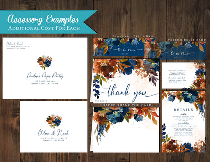 Turquoise, Burnt Orange Florals on White Background Fall Wedding Invitation, Set, or Suite