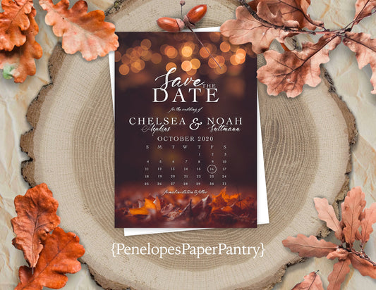 Orange Fall Leaves Scene with Bokeh Lights Save the Date