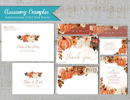 Pumpkin and Leaves on White Background Fall Wedding Invitation, Set, or Suite