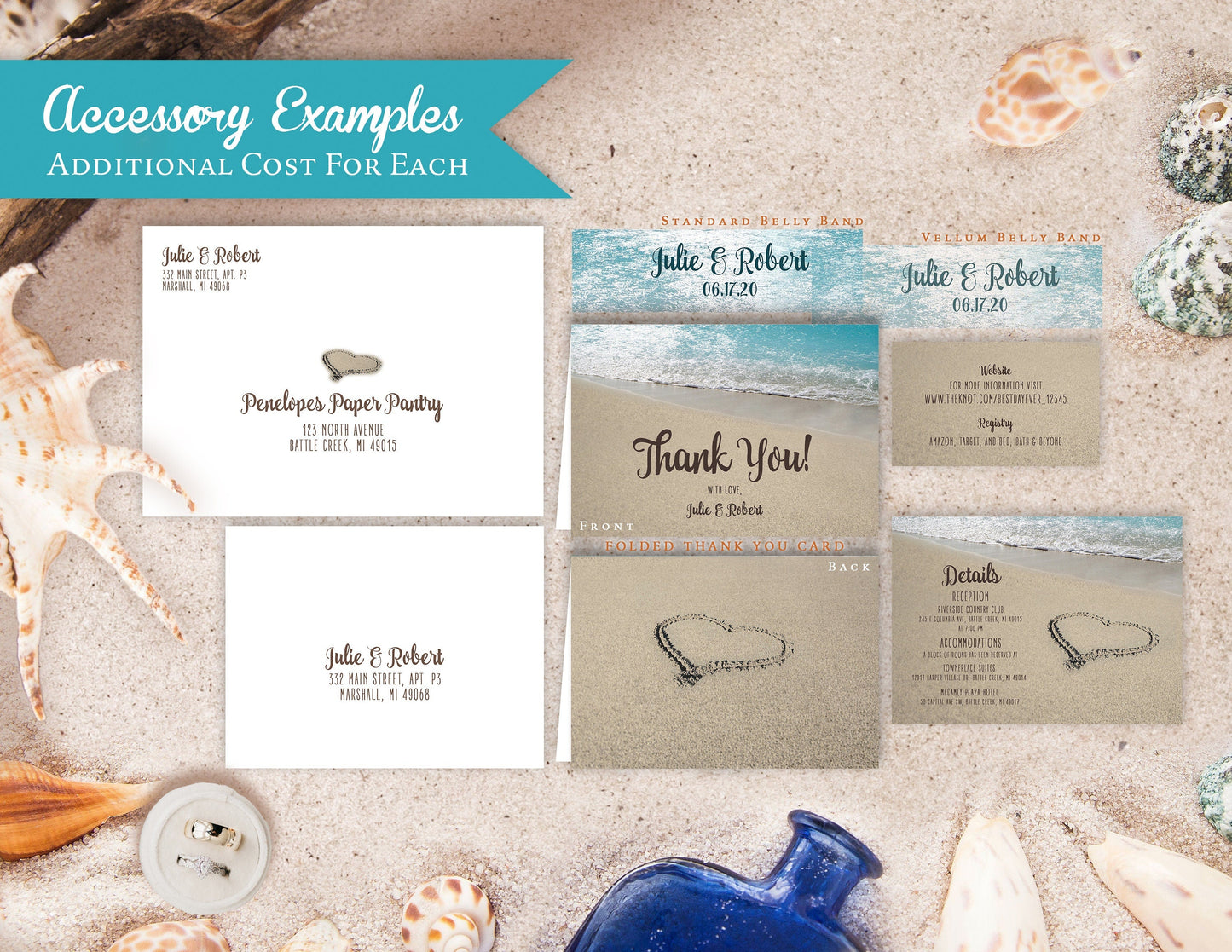 Heart in Sand Beach Wedding Invitation, Set, or Suite