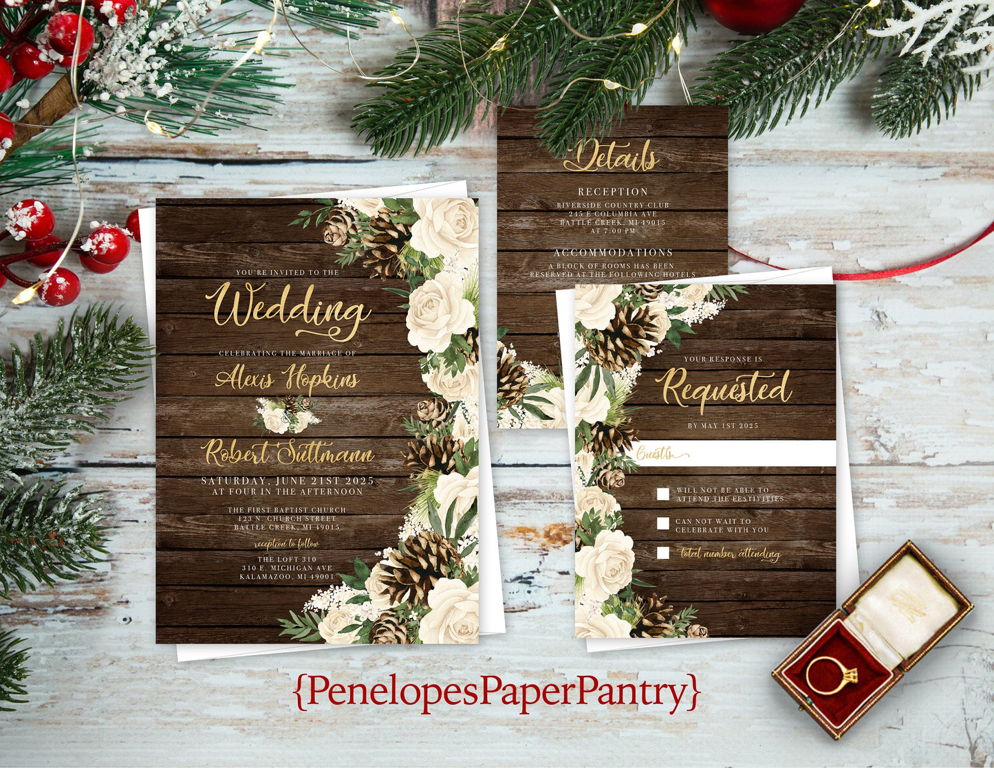 Rustic Winter Wedding Invitation Personalized Barn Wood Ivory Roses Pine Cones Gold Calligraphy Printed Invitation With Envelope Custom Text