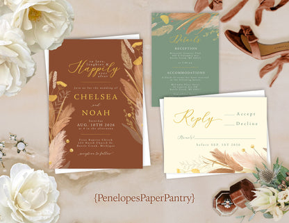 Pampas Grass on Terracotta, Sage, and Ivory Hues Fall Wedding Invitation, Set, or Suite